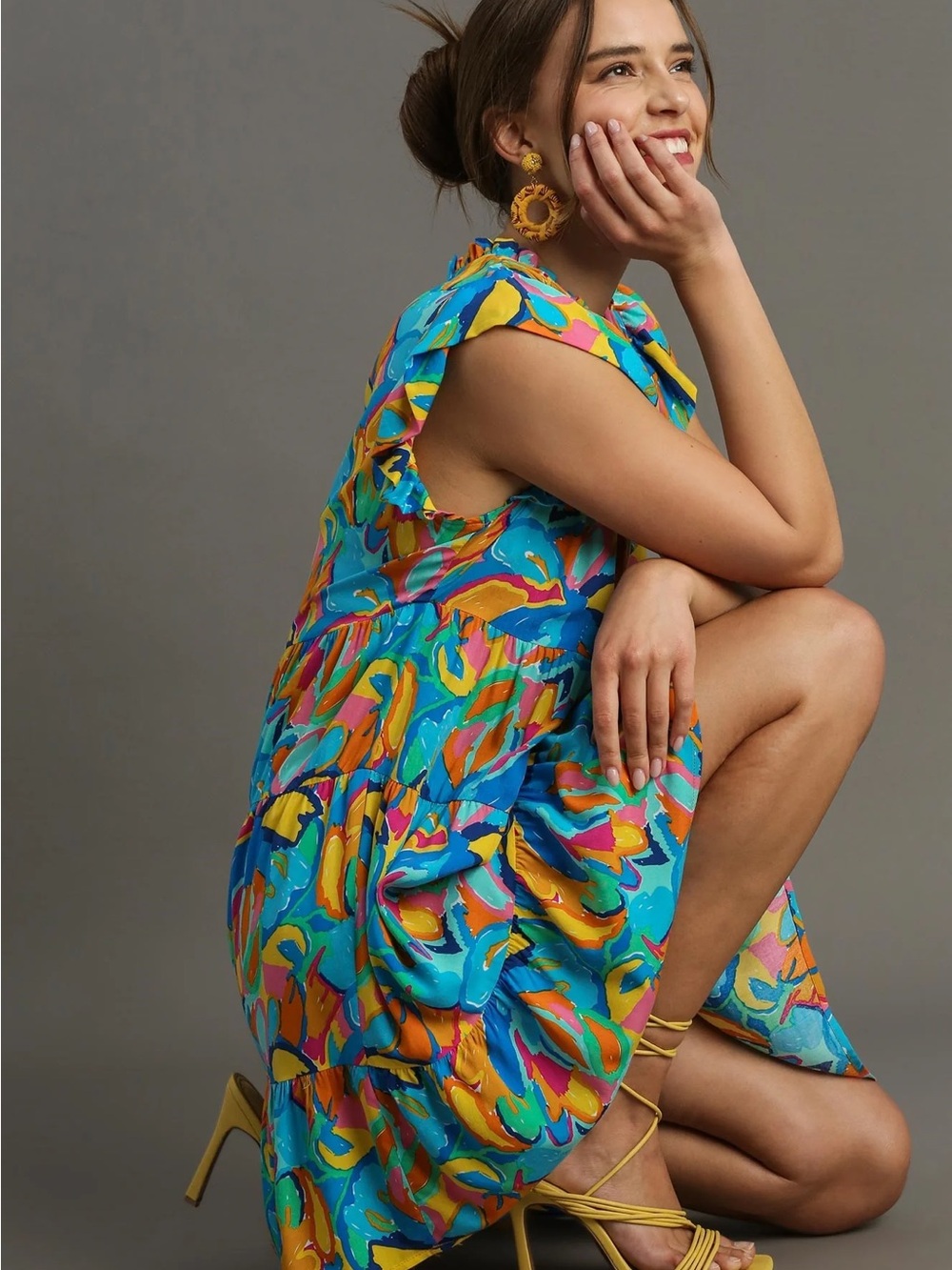 Mittoshop Bright Blue Multicolor Abstract Ruffle Sleeve Top